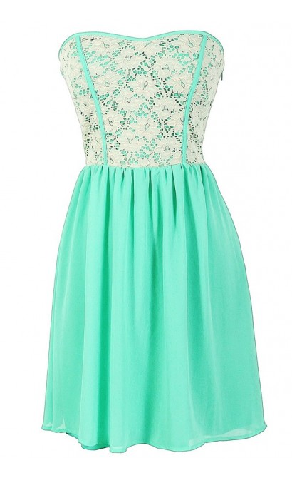 Beige Lace Strapless Dress With Fabric Piping in Mint